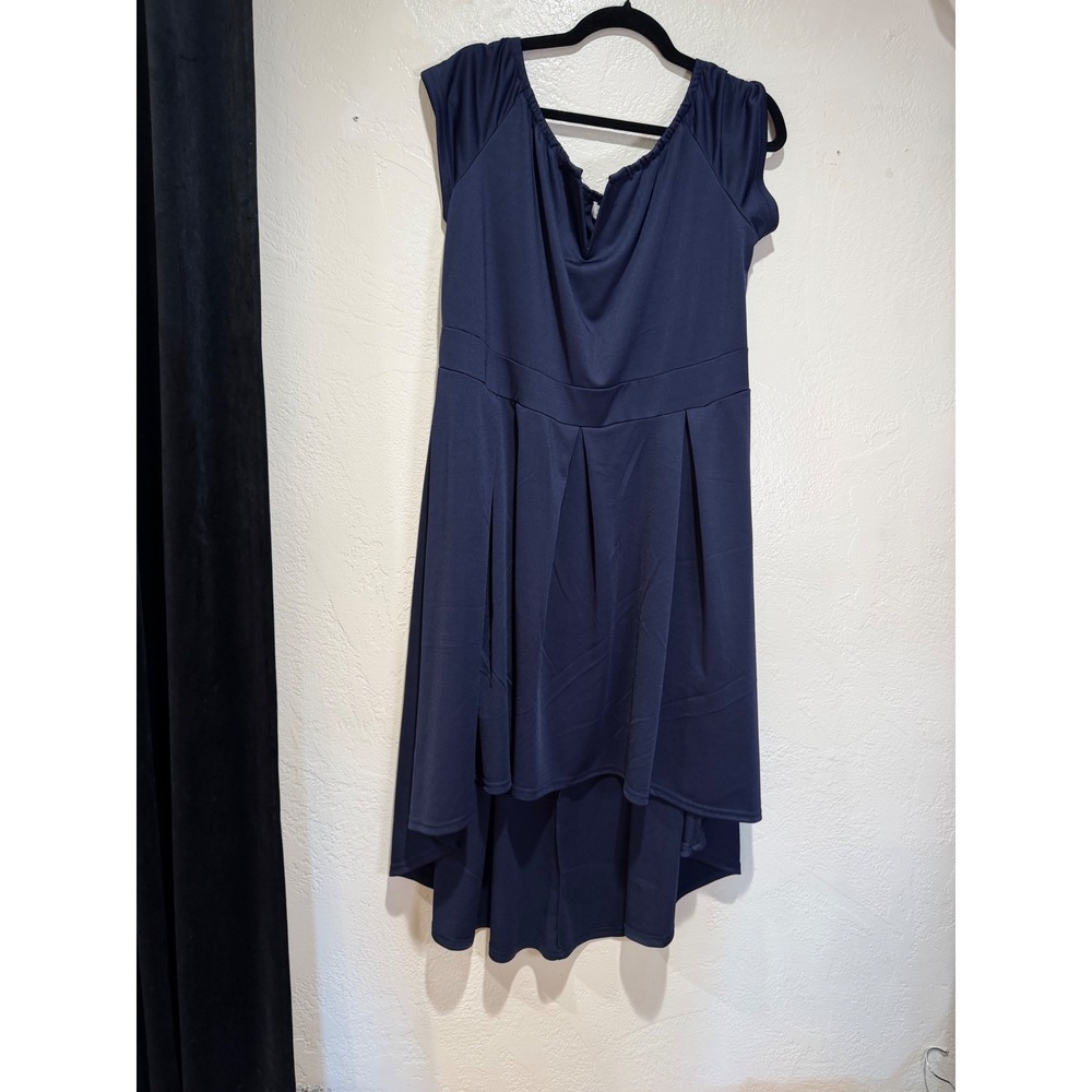 Pinup Fashion Navy Blue High Low Fit Flare Dress Plus Size 20W Cap Sleeve Pleate